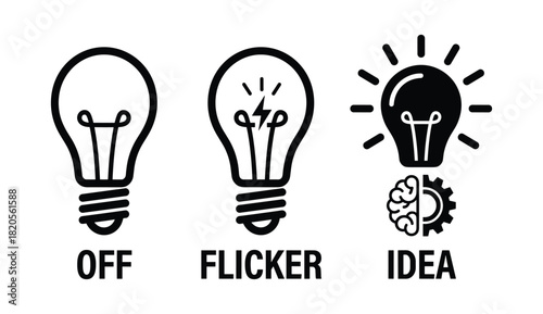 Light bulb states icon set. Off, flicker, idea process. Creative thinking concept with brain gear.
