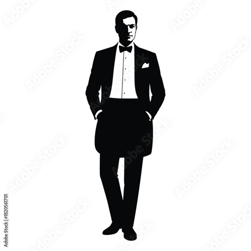 Elegant silhouette of a man in a classic tuxedo, standing with hands in pockets, portraying sophistication and formal style, isolated on
