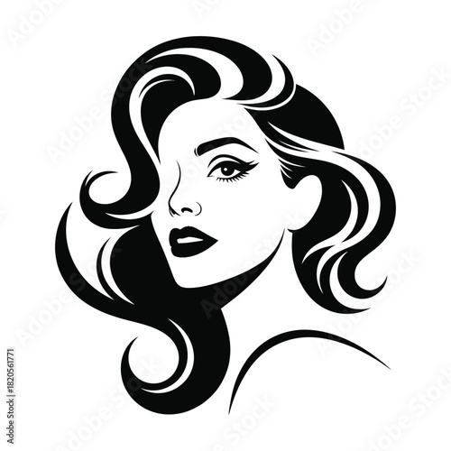Elegant black and white illustration of a beautiful woman with flowing wavy hair, looking over her shoulder, isolated on