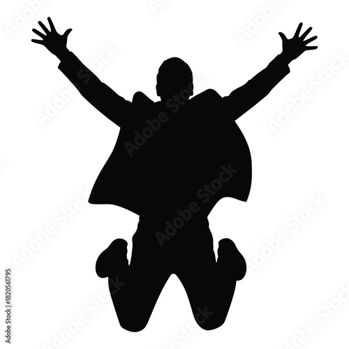 Silhouette of a person jumping with arms outstretched in celebration, expressing joy, success, and freedom, isolated on