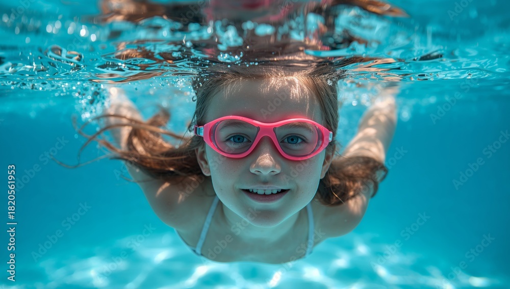 Naklejka premium Underwater Joy, Goggles, and Ripples. A Submerged Perspective in Turquoise Depths.