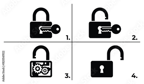 Lock and key opening process with four steps. Key inserted, turned, mechanism working, and unlocked.