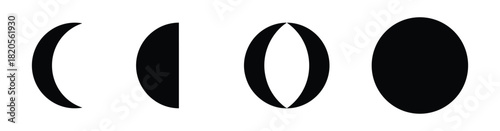 Lunar phases depicted by solid black shapes: crescent, quarter, gibbous, and full moon silhouettes.