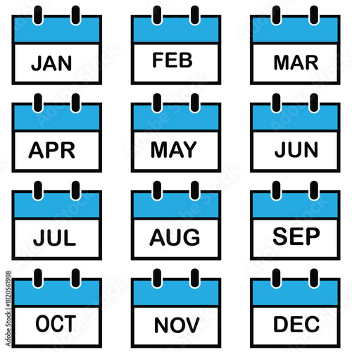 Month. January, february, march, april, may, juny, july, august, september, october, november, december. Monthly calender icon. Flat design vector illustration.	Eps 10