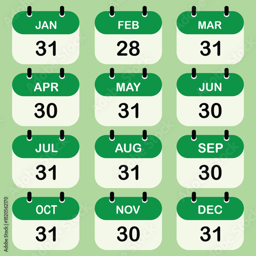 Month. January, february, march, april, may, juny, july, august, september, october, november, december. Monthly calender icon. Flat design vector illustration.	Eps 10