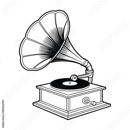 A vintage gramophone with a vinyl record, featuring a classic horn and a detailed base, rendered in a retro line art style and isolated on