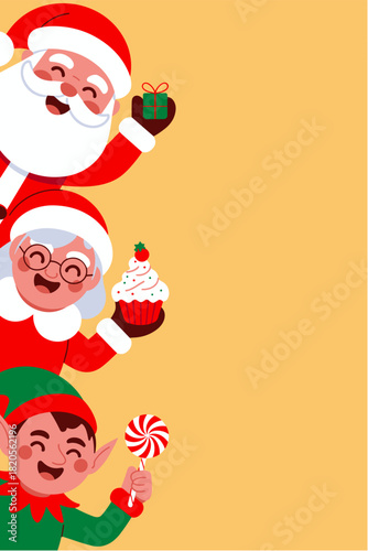 Santa Claus, Mrs. Claus, and elf with gifts and treats picking from left side on warm yellow background