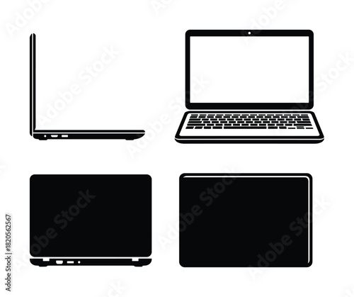 Modern laptop icon collection. Notebook device front side and top views isolated vector.