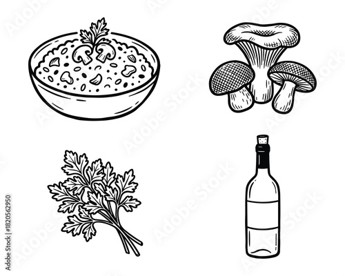 Mushroom risotto ingredients. Risotto, fresh mushrooms, parsley, and wine bottle hand drawn sketch.