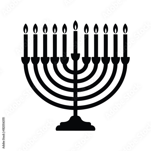 Black silhouette of a menorah with nine lit candles, symbolizing the jewish holiday of hanukkah and its celebration of light, isolated on