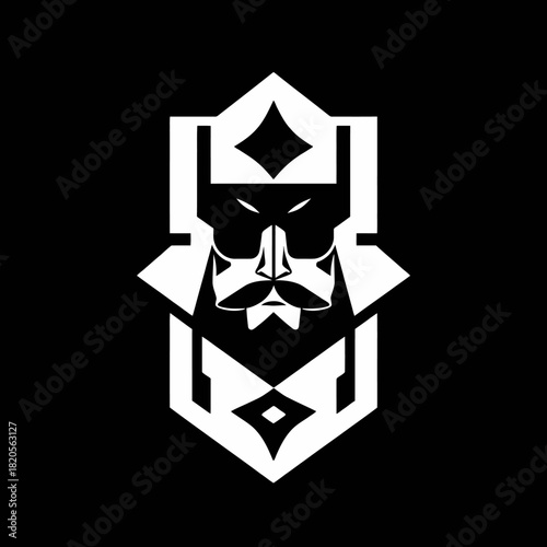 Stylized black and white logo of a king's head with a crown, sunglasses, mustache, and beard, in a geometric, minimalist design.
