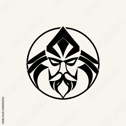 A stylized black and white illustration of a stern-faced figure with a beard and elaborate headwear.