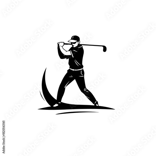 A black and white graphic illustration of a male golfer executing a powerful swing with a club.