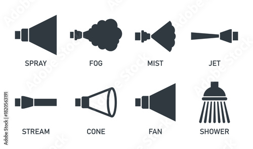 Nozzle spray patterns vector icon set. Includes fog, mist, jet, stream, cone, fan, and shower for various uses.