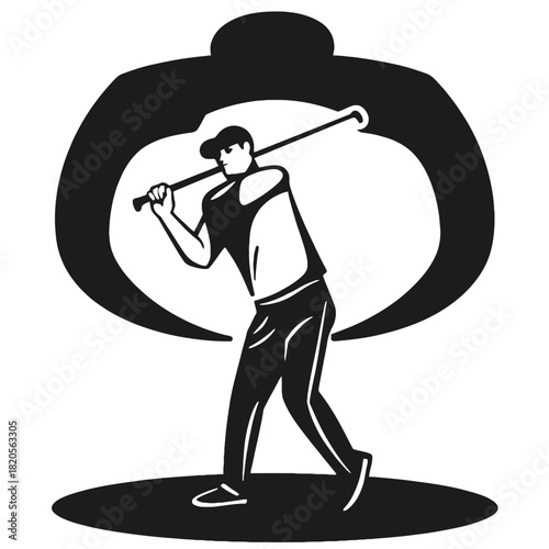 A black and white woodcut style illustration of a male golfer in mid-swing, preparing to hit a golf ball, with an abstract dark shape in the background.