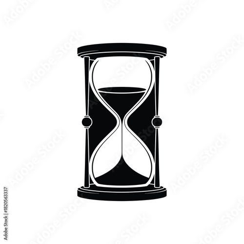 A minimalist black hourglass icon, representing the concept of time, deadlines, waiting, and the measurement of duration, with sand flowing, isolated on
