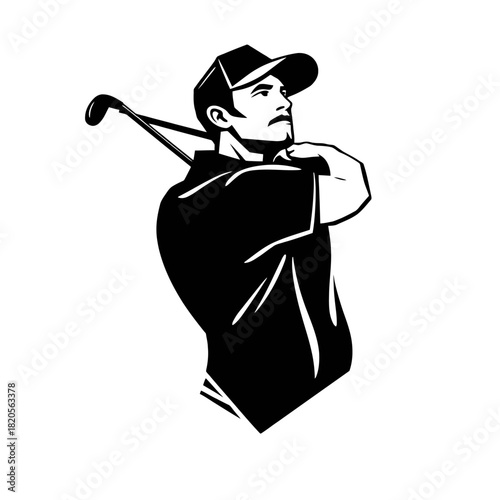 Black and white illustration of a golfer in a cap swinging a golf club, looking upwards.