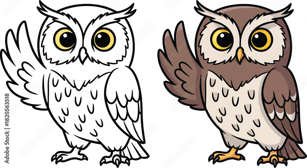 Obraz premium Cute cartoon horned owl with big eyes waving shown as a colored illustration and a black and white line art version.