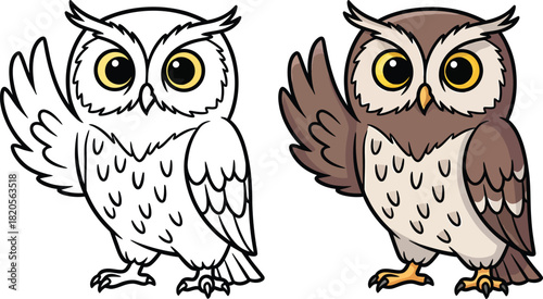 Cute cartoon horned owl with big eyes waving shown as a colored illustration and a black and white line art version.