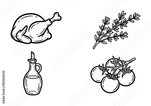 Organic ingredients for cooking chicken. Whole raw chicken, olive oil bottle, fresh rosemary, and cherry tomatoes