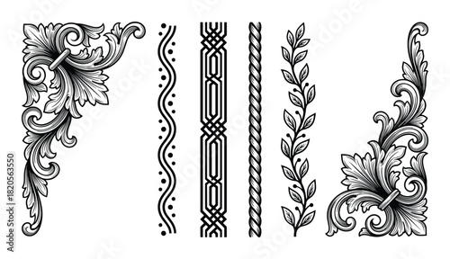 Ornate corners and vertical borders for decorative frames, page dividers, and embellishments