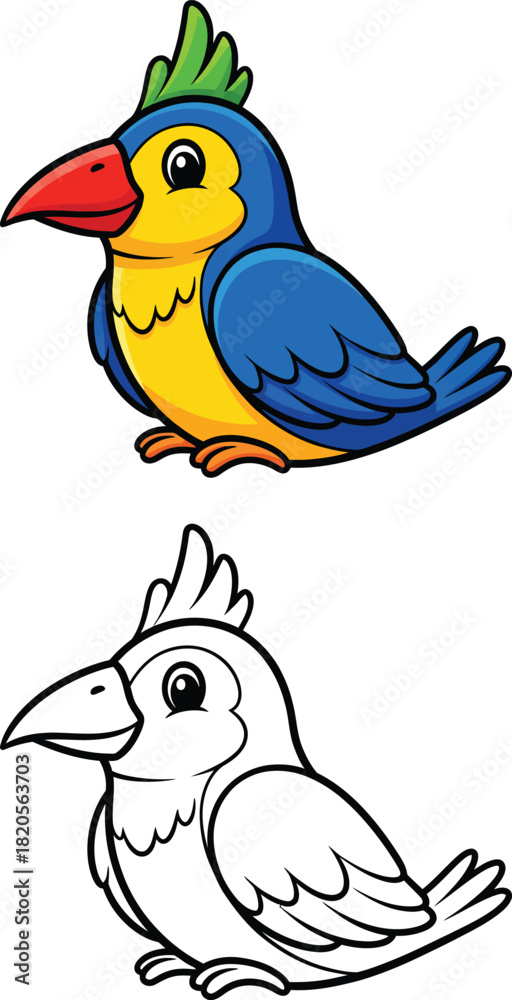 Naklejka premium Cute cartoon parrot with blue wings yellow chest and green crest shown in color and line art.