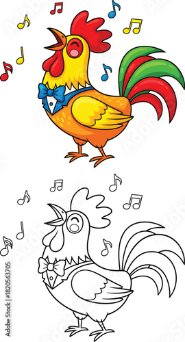 Dapper Cartoon Rooster in a Blue Bow Tie Singing a Joyful Morning Song with Musical Notes.