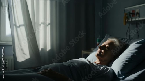 Elderly patient resting peacefully in hospital bed, illuminated by soft window light