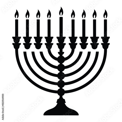 A traditional ninebranched menorah with all candles lit, symbolizing the jewish holiday of hanukkah and its celebration, isolated on