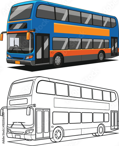 Modern blue and orange doubledecker bus illustration shown with a black and white line art outline.