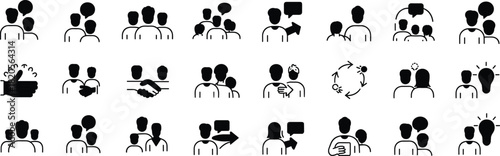 Business Communication, Teamwork, Collaboration, Partnership, Meeting, Discussion, Group, Idea Generation, Relationship, Handshake, Feedback, Social Network, Icons, Black and White, Vector, Set, Co,