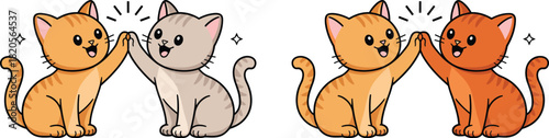 Cute cats high-five: adorable cartoon kittens celebrating friendship, teamwork, success, and positive encouragement with bright, happy smiles on a white background, perfect for children's designs