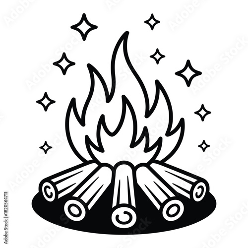 Black and white line art illustration of a campfire with burning logs and flickering flames, surrounded by sparkling stars, for camping and outdoor themes
