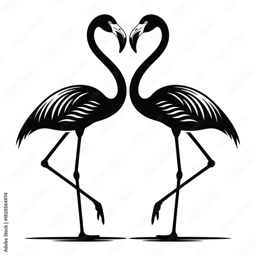 Obraz premium Two elegant black flamingo silhouettes forming a heart shape with their necks, symbolizing love and romance, isolated on