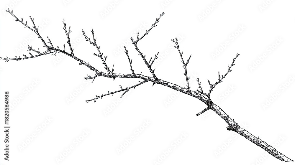 Fototapeta premium Detailed pen and ink drawing depicts a bare tree branch extending diagonally across a white background.