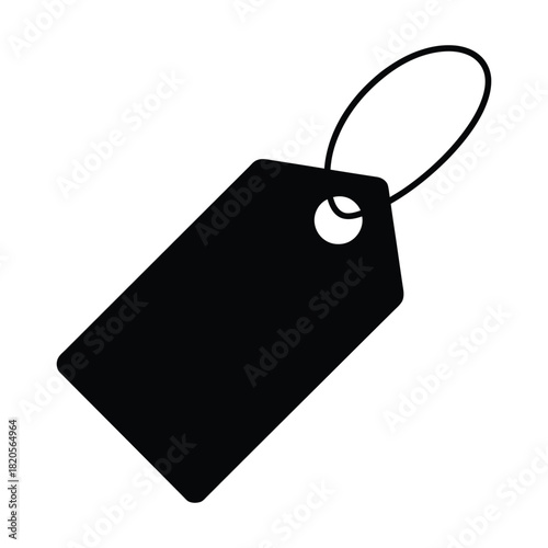 A simple black price tag or label with a string loop, commonly used for retail, sales, and product identification, isolated on