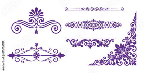Purple ornamental borders and corners. Elegant calligraphic and floral patterns for design decoration.