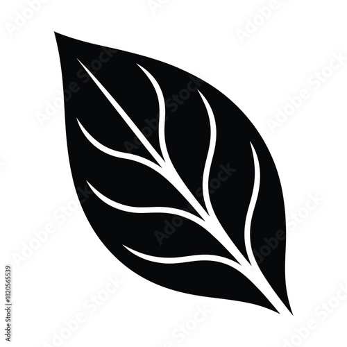 Simple black leaf icon with prominent veins, symbolizing nature, ecology, plant life, and organic themes, presented clearly on a