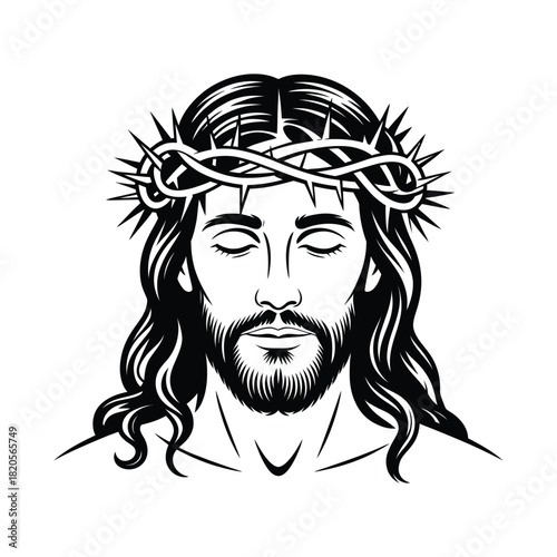 Jesus christ wearing a crown of thorns, with eyes closed in a solemn expression, depicted in a black and white illustration, isolated on