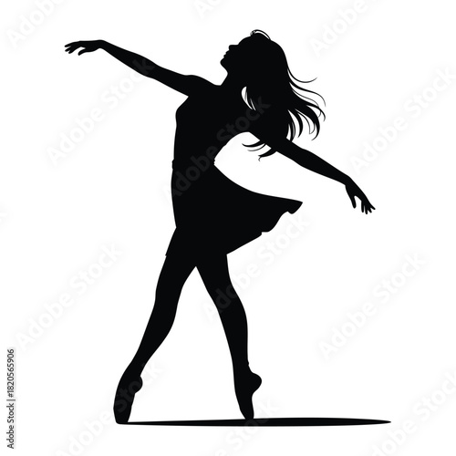 Graceful black silhouette of a female ballet dancer in an elegant pose on pointe shoes, capturing artistic movement and passion, isolated on white