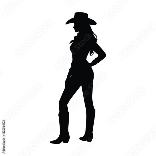 Fullbody silhouette of a confident cowgirl posing with her hand on her hip, wearing a cowboy hat and boots, isolated on