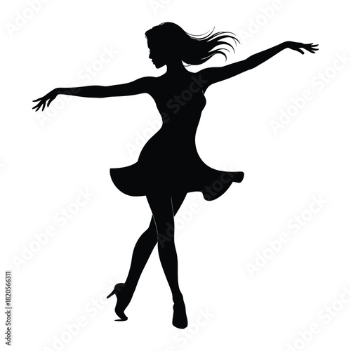 A silhouette of a graceful woman dancing with her arms outstretched and hair flowing, isolated on
