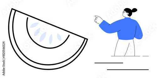 Woman in blue outfit pointing to the right beside a simplistic drawing of a fruit slice. Ideal for leadership, direction, guidance, freshness, health, minimalism, growth. Simple flat metaphor