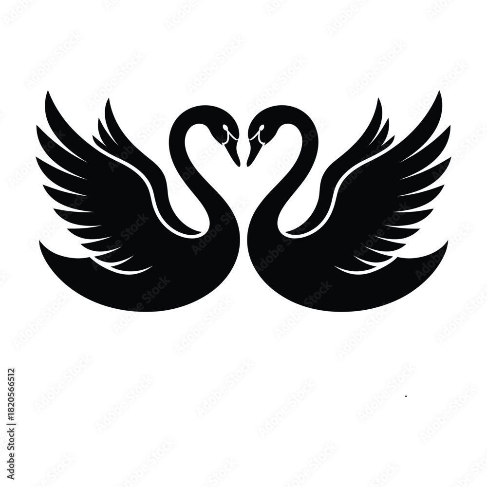 Fototapeta premium Two elegant black swans forming a heart shape with their graceful necks, symbolizing love, romance, and unity, isolated on