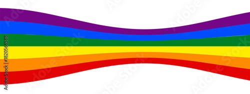 Rainbow pride flag background with flowing wavy stripes. Vector banner features curved LGBT ribbon lines in vibrant spectrum colors. Inclusive diversity poster template with abstract stripe motifs.