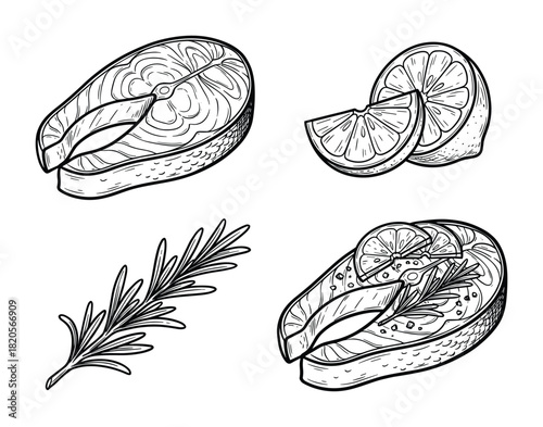 Set of salmon steak with lemon slices and fresh rosemary. Delicious seafood ingredient.