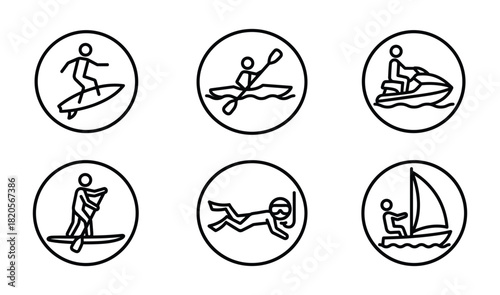 Six water sports icons. Outline symbols for surfing, kayaking, jet skiing, paddleboarding, snorkeling, and sailing.