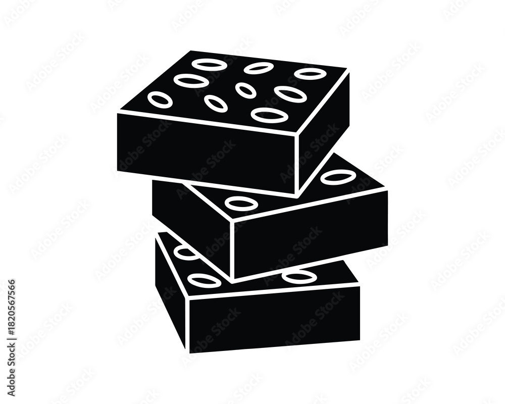 Obraz premium Solid black icon of three stacked rectangular blocks. Textured building bricks with holes on top.