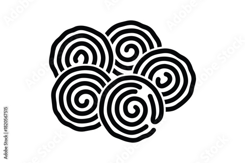 Solid black icon of five swirl shapes. Abstract spiral patterns. Clustered round dessert elements.