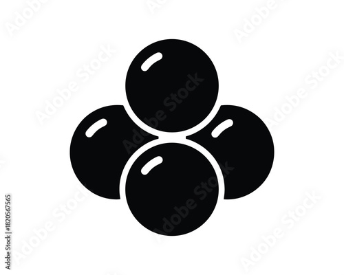 Solid black icon of four spheres. Abstract dark glossy spheres. Pyramidal stack of circles.